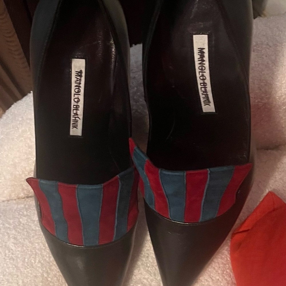 Manolo Blahnik Black Heels with Red and Blue Stripes - Picture 4 of 15